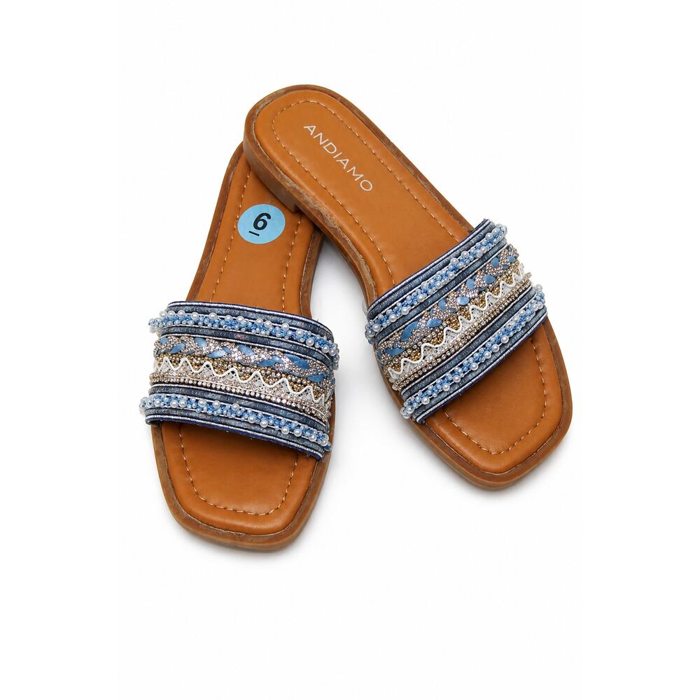 Andiamo Women's Blue Beaded Pearl Rhinestone Flat Slide Sandals Sz 6 NWT Boho